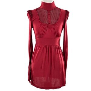 Chloe K womens top size S maroon red long sleeve lace Swiss dot mock turtleneck